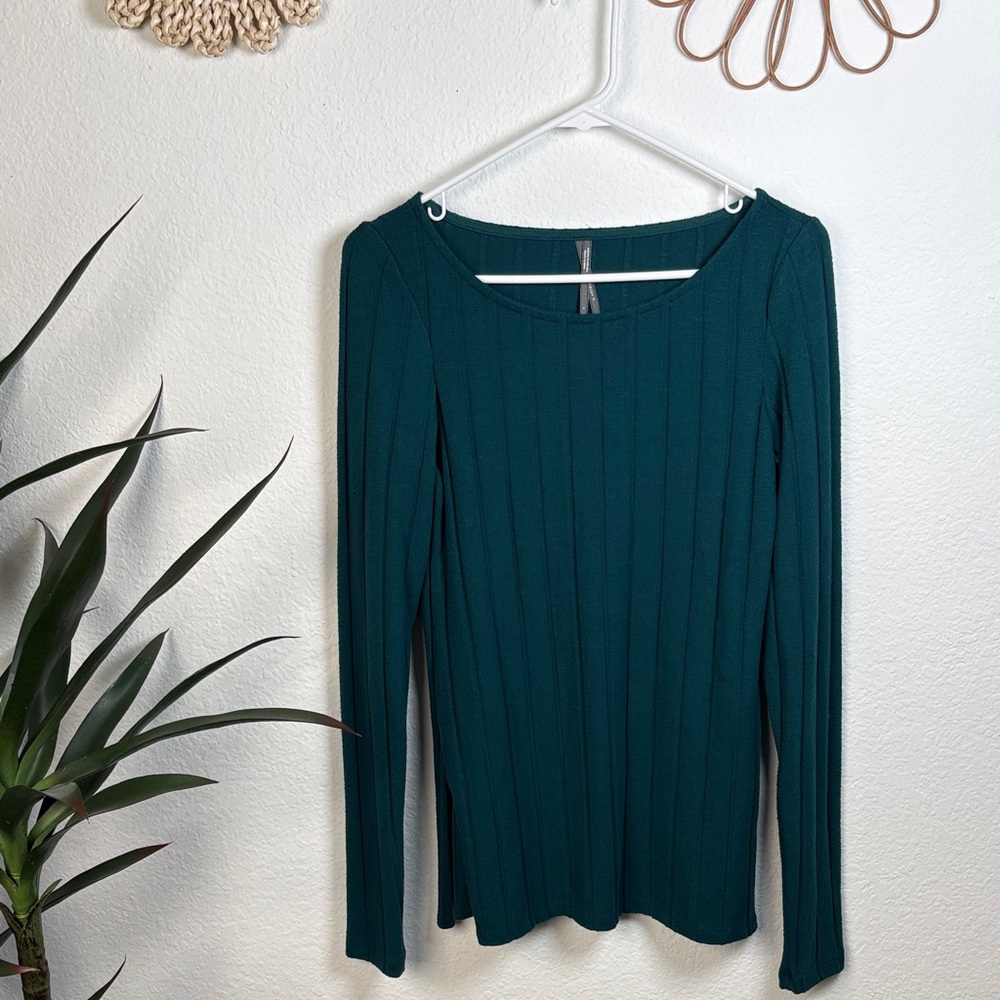 Anthropologie Teal Ribbed Long Sleeve Scoop Neck Top
